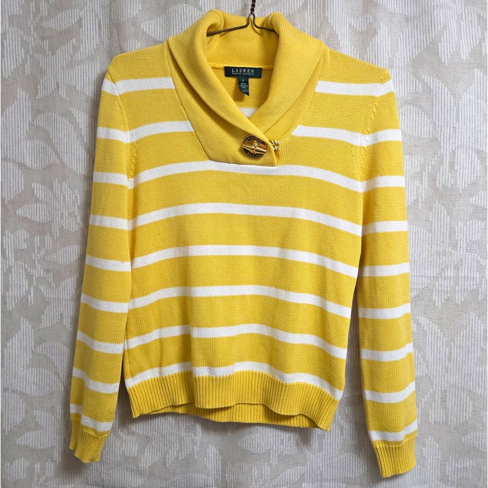 Lauren Ralph Lauren Women S Yellow White Stripe Shawl Collar Knit Sweater Prep